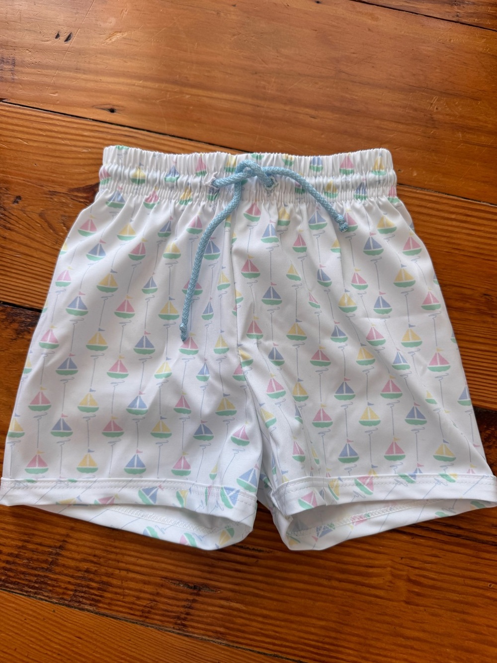 Kids White Sailboat-Print Swim Trunks with Light Blue Drawstring